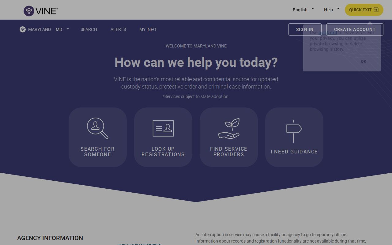 VINELink Maryland custody search