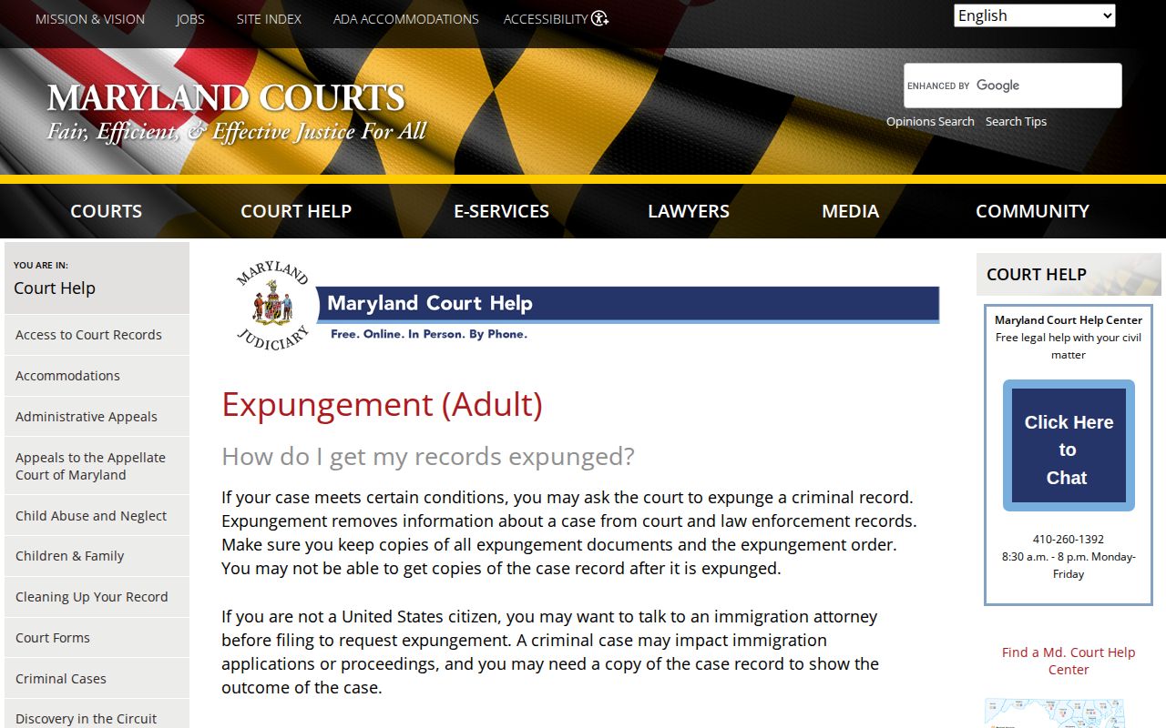 Maryland Courts expungement information